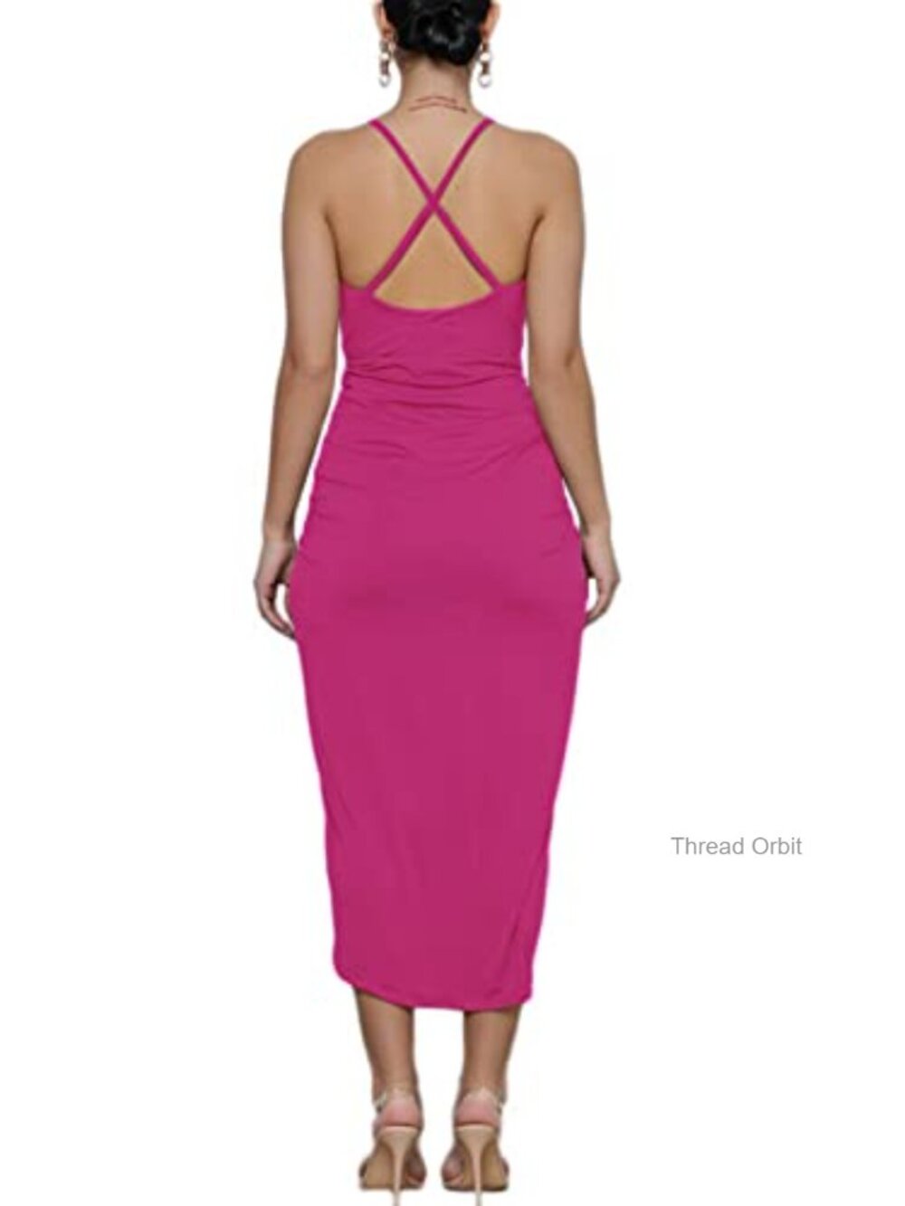 Wrap V-Neck Spaghetti Strap Midi Bodycon Dress, Ruched Slit Hem - Picture 2 of 4